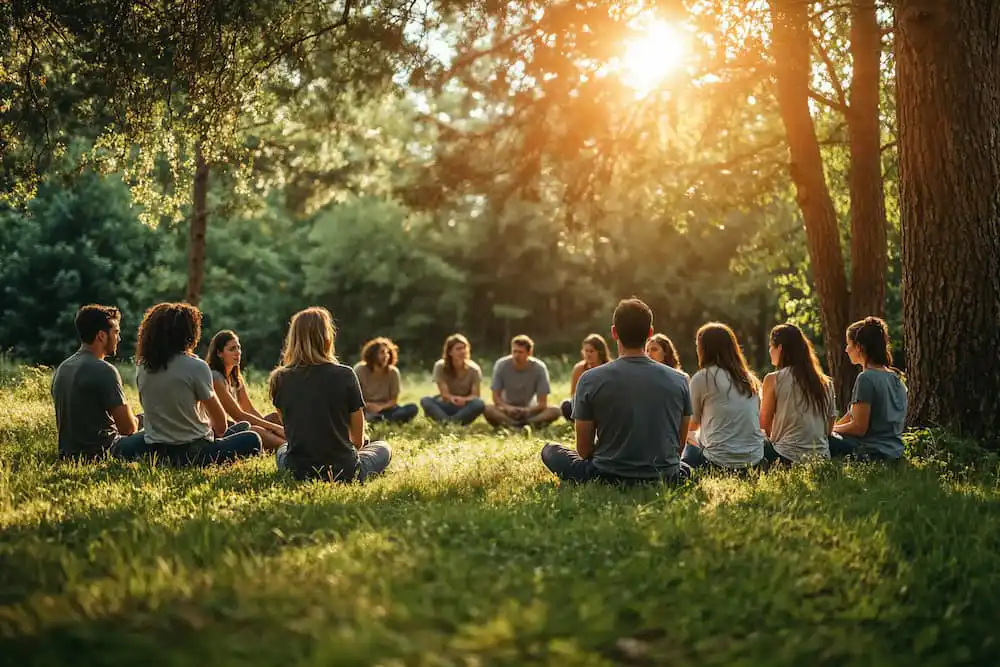 Group therapy session outside for addiction treatment